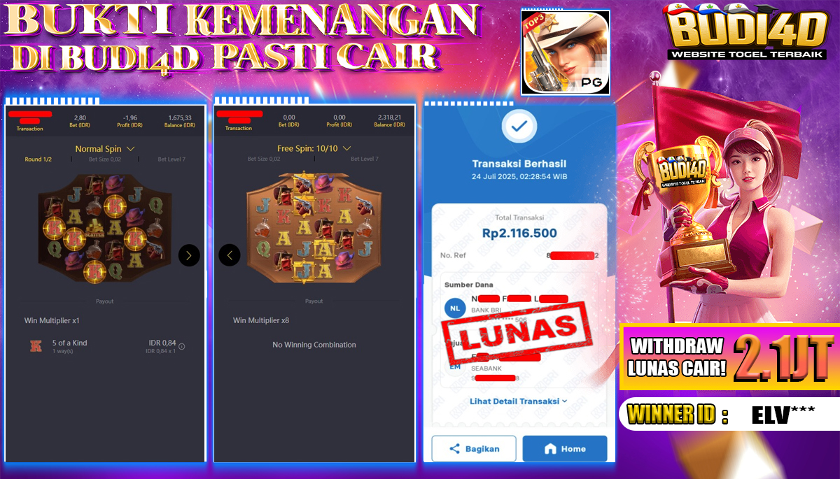 BUDI4D JACKPOT USERID: ELV*** SLOT PGSOFT WILD BOUNTY SHOWDOWN Rp.2.110.000,- LUNAS